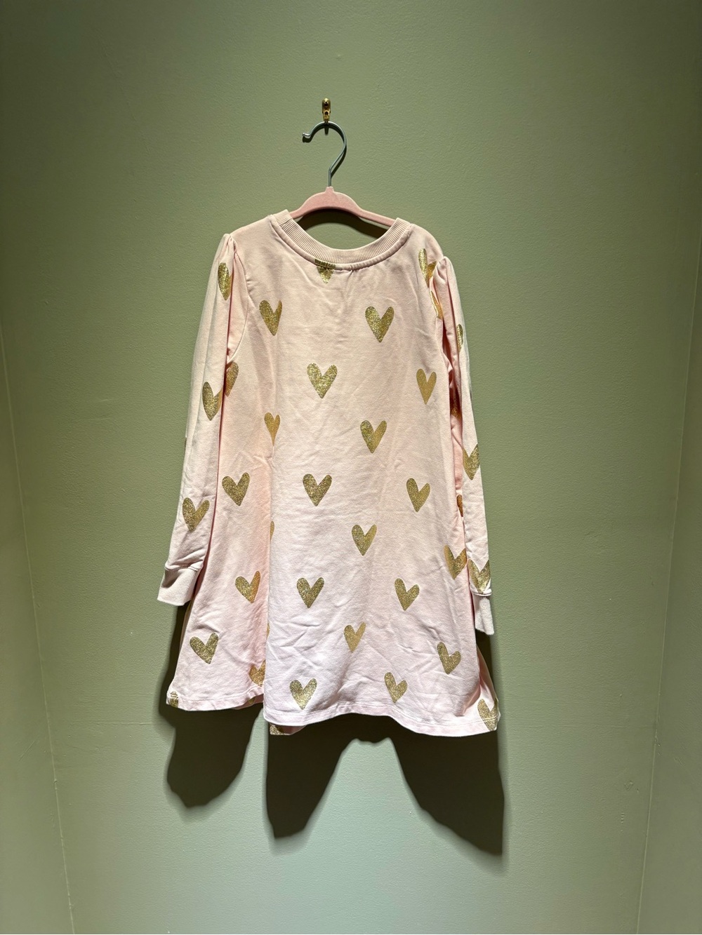 Girls Hanna Anderson Pink Long Sleeve Sweatshirt Dress with Gold Hearts